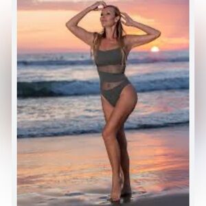 Carmen Marc Valvo One Shoulder Mesh Cutout Swimsuit Olive Green 12 NWOT